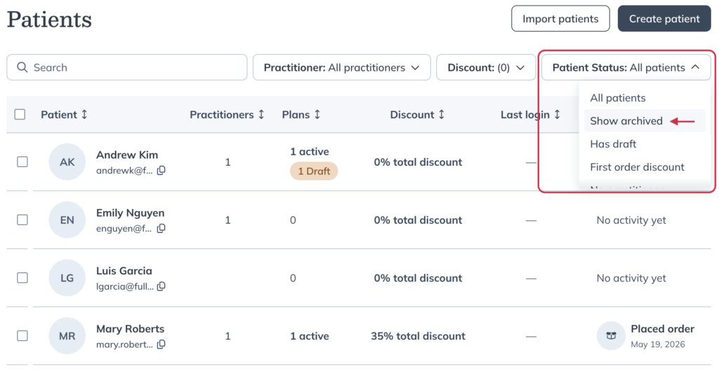 The Patient Status filter menu with the Show Archived option highlighted.